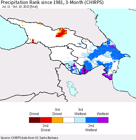 Azerbaijan, Armenia and Georgia Precipitation Rank since 1981, 3-Month (CHIRPS) Thematic Map For 7/11/2023 - 10/10/2023