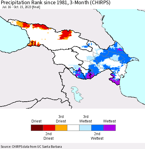 Azerbaijan, Armenia and Georgia Precipitation Rank since 1981, 3-Month (CHIRPS) Thematic Map For 7/16/2023 - 10/15/2023