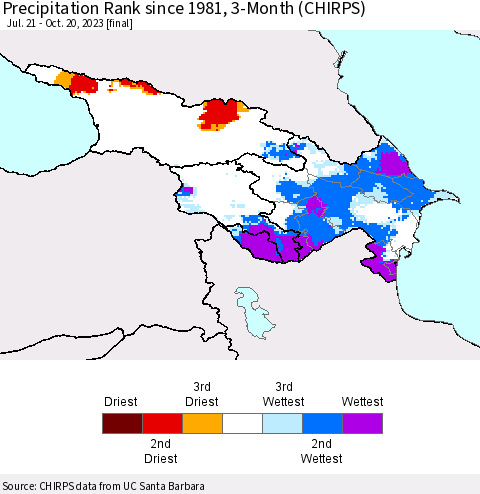 Azerbaijan, Armenia and Georgia Precipitation Rank since 1981, 3-Month (CHIRPS) Thematic Map For 7/21/2023 - 10/20/2023