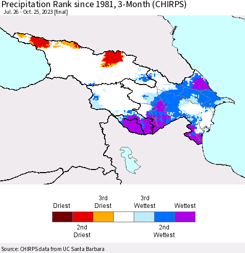 Azerbaijan, Armenia and Georgia Precipitation Rank since 1981, 3-Month (CHIRPS) Thematic Map For 7/26/2023 - 10/25/2023