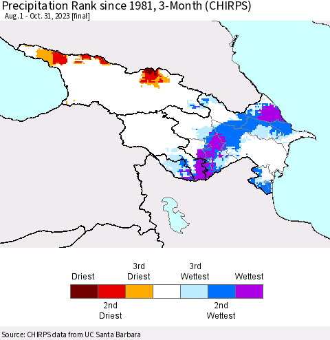 Azerbaijan, Armenia and Georgia Precipitation Rank since 1981, 3-Month (CHIRPS) Thematic Map For 8/1/2023 - 10/31/2023