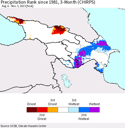 Azerbaijan, Armenia and Georgia Precipitation Rank since 1981, 3-Month (CHIRPS) Thematic Map For 8/6/2023 - 11/5/2023