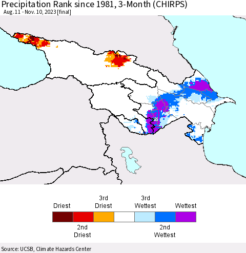 Azerbaijan, Armenia and Georgia Precipitation Rank since 1981, 3-Month (CHIRPS) Thematic Map For 8/11/2023 - 11/10/2023