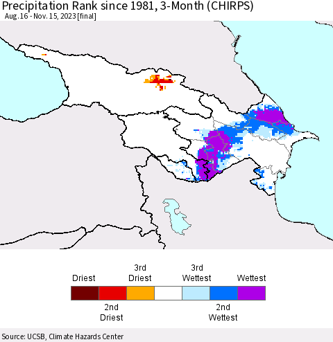 Azerbaijan, Armenia and Georgia Precipitation Rank since 1981, 3-Month (CHIRPS) Thematic Map For 8/16/2023 - 11/15/2023