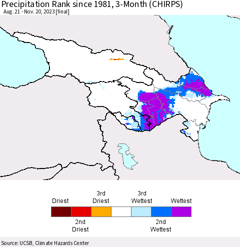 Azerbaijan, Armenia and Georgia Precipitation Rank since 1981, 3-Month (CHIRPS) Thematic Map For 8/21/2023 - 11/20/2023