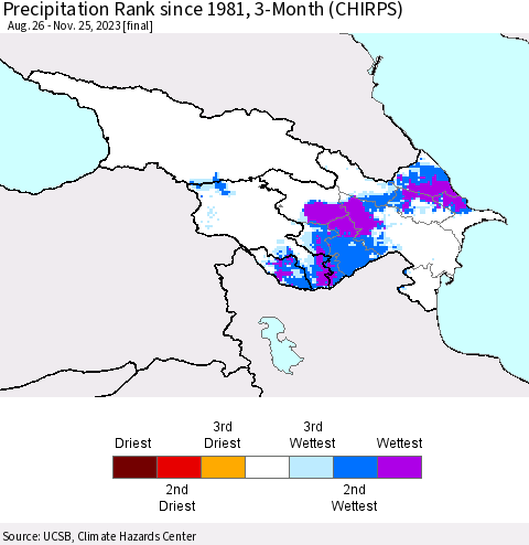 Azerbaijan, Armenia and Georgia Precipitation Rank since 1981, 3-Month (CHIRPS) Thematic Map For 8/26/2023 - 11/25/2023