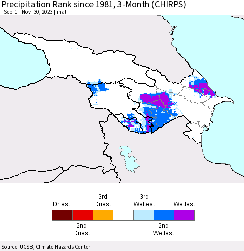 Azerbaijan, Armenia and Georgia Precipitation Rank since 1981, 3-Month (CHIRPS) Thematic Map For 9/1/2023 - 11/30/2023