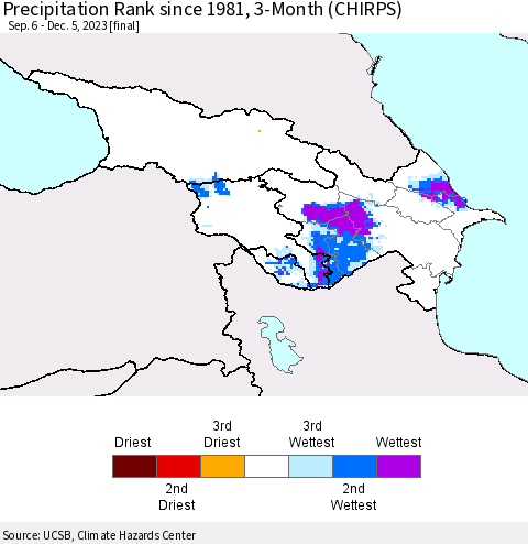 Azerbaijan, Armenia and Georgia Precipitation Rank since 1981, 3-Month (CHIRPS) Thematic Map For 9/6/2023 - 12/5/2023