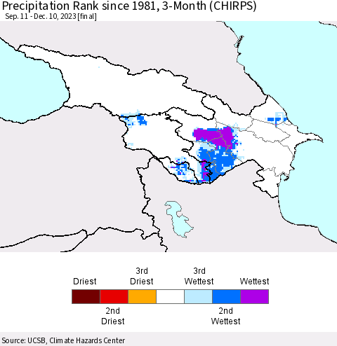 Azerbaijan, Armenia and Georgia Precipitation Rank since 1981, 3-Month (CHIRPS) Thematic Map For 9/11/2023 - 12/10/2023