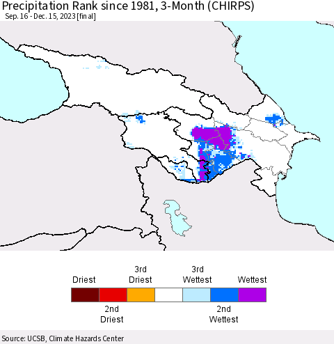 Azerbaijan, Armenia and Georgia Precipitation Rank since 1981, 3-Month (CHIRPS) Thematic Map For 9/16/2023 - 12/15/2023