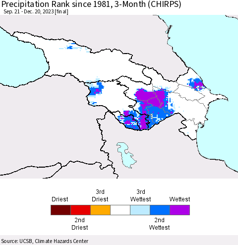 Azerbaijan, Armenia and Georgia Precipitation Rank since 1981, 3-Month (CHIRPS) Thematic Map For 9/21/2023 - 12/20/2023