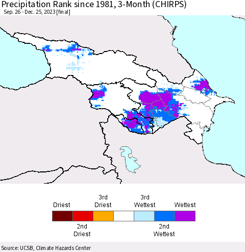Azerbaijan, Armenia and Georgia Precipitation Rank since 1981, 3-Month (CHIRPS) Thematic Map For 9/26/2023 - 12/25/2023