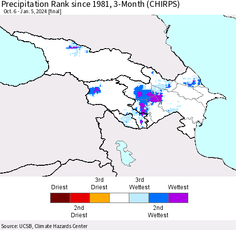 Azerbaijan, Armenia and Georgia Precipitation Rank since 1981, 3-Month (CHIRPS) Thematic Map For 10/6/2023 - 1/5/2024
