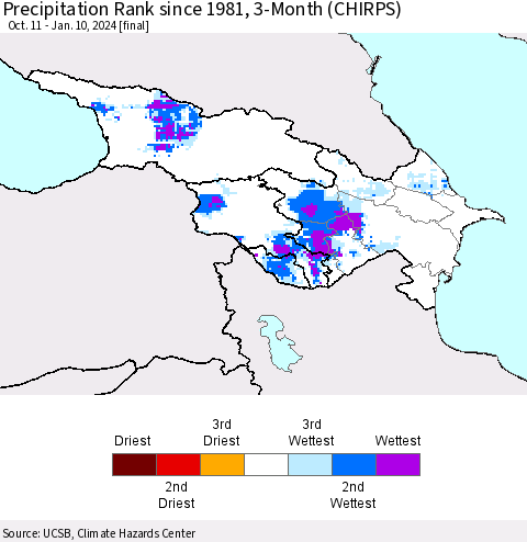 Azerbaijan, Armenia and Georgia Precipitation Rank since 1981, 3-Month (CHIRPS) Thematic Map For 10/11/2023 - 1/10/2024