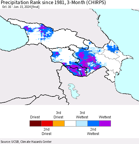 Azerbaijan, Armenia and Georgia Precipitation Rank since 1981, 3-Month (CHIRPS) Thematic Map For 10/16/2023 - 1/15/2024