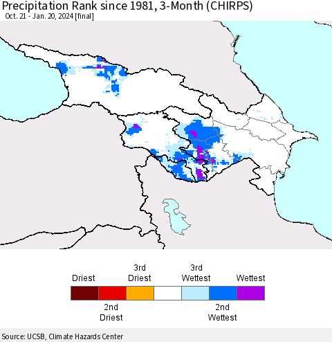 Azerbaijan, Armenia and Georgia Precipitation Rank since 1981, 3-Month (CHIRPS) Thematic Map For 10/21/2023 - 1/20/2024