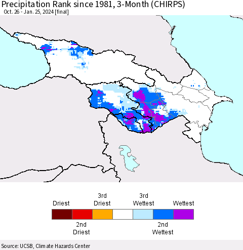 Azerbaijan, Armenia and Georgia Precipitation Rank since 1981, 3-Month (CHIRPS) Thematic Map For 10/26/2023 - 1/25/2024