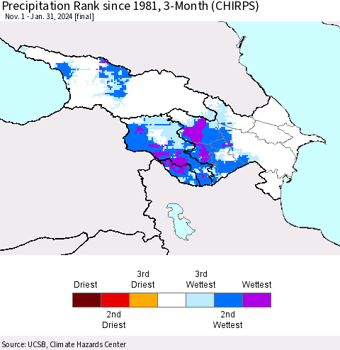 Azerbaijan, Armenia and Georgia Precipitation Rank since 1981, 3-Month (CHIRPS) Thematic Map For 11/1/2023 - 1/31/2024