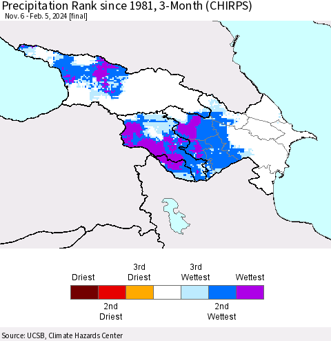 Azerbaijan, Armenia and Georgia Precipitation Rank since 1981, 3-Month (CHIRPS) Thematic Map For 11/6/2023 - 2/5/2024
