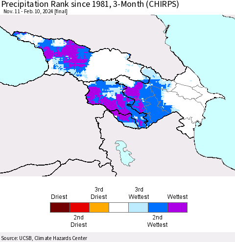 Azerbaijan, Armenia and Georgia Precipitation Rank since 1981, 3-Month (CHIRPS) Thematic Map For 11/11/2023 - 2/10/2024