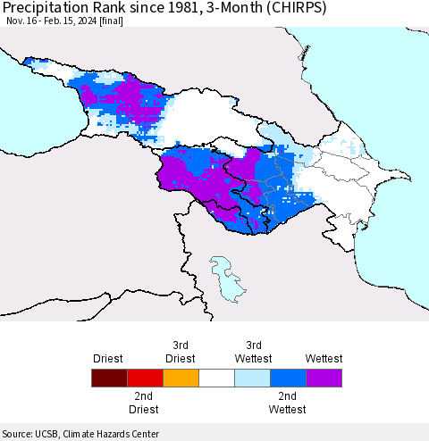 Azerbaijan, Armenia and Georgia Precipitation Rank since 1981, 3-Month (CHIRPS) Thematic Map For 11/16/2023 - 2/15/2024