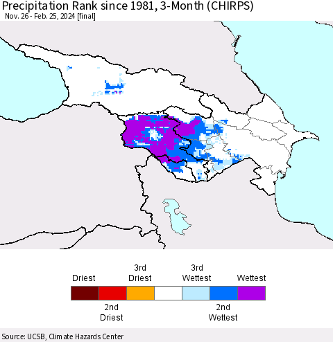 Azerbaijan, Armenia and Georgia Precipitation Rank since 1981, 3-Month (CHIRPS) Thematic Map For 11/26/2023 - 2/25/2024