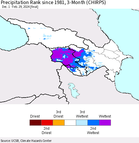 Azerbaijan, Armenia and Georgia Precipitation Rank since 1981, 3-Month (CHIRPS) Thematic Map For 12/1/2023 - 2/29/2024