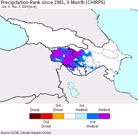 Azerbaijan, Armenia and Georgia Precipitation Rank since 1981, 3-Month (CHIRPS) Thematic Map For 12/6/2023 - 3/5/2024