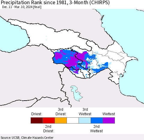 Azerbaijan, Armenia and Georgia Precipitation Rank since 1981, 3-Month (CHIRPS) Thematic Map For 12/11/2023 - 3/10/2024