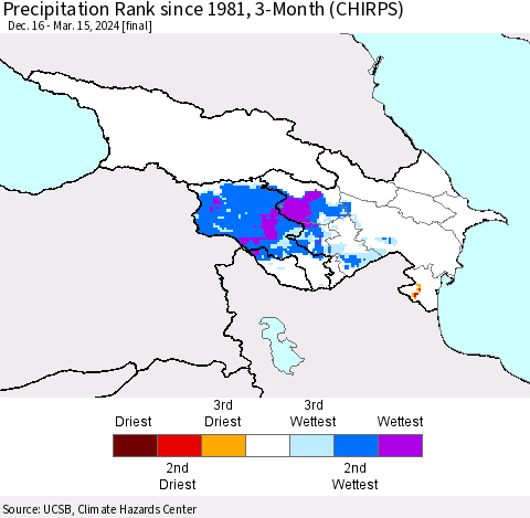 Azerbaijan, Armenia and Georgia Precipitation Rank since 1981, 3-Month (CHIRPS) Thematic Map For 12/16/2023 - 3/15/2024