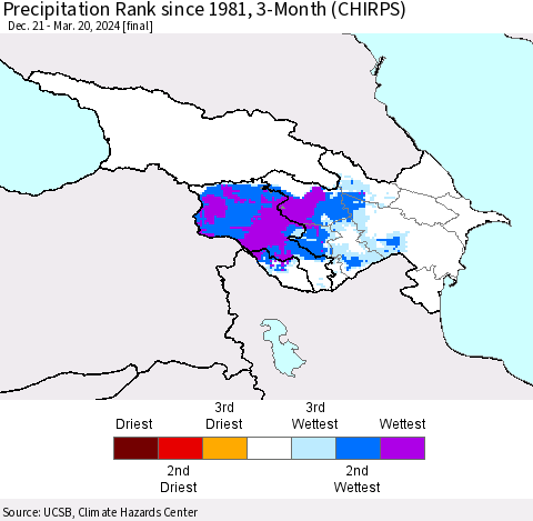 Azerbaijan, Armenia and Georgia Precipitation Rank since 1981, 3-Month (CHIRPS) Thematic Map For 12/21/2023 - 3/20/2024