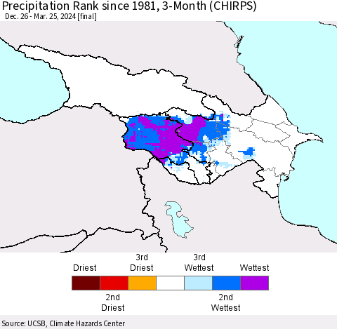 Azerbaijan, Armenia and Georgia Precipitation Rank since 1981, 3-Month (CHIRPS) Thematic Map For 12/26/2023 - 3/25/2024