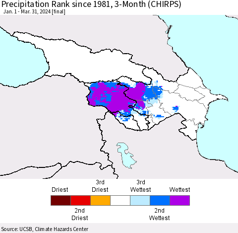 Azerbaijan, Armenia and Georgia Precipitation Rank since 1981, 3-Month (CHIRPS) Thematic Map For 1/1/2024 - 3/31/2024