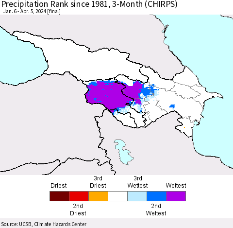 Azerbaijan, Armenia and Georgia Precipitation Rank since 1981, 3-Month (CHIRPS) Thematic Map For 1/6/2024 - 4/5/2024