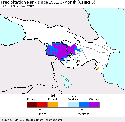 Azerbaijan, Armenia and Georgia Precipitation Rank since 1981, 3-Month (CHIRPS) Thematic Map For 1/6/2024 - 4/5/2024