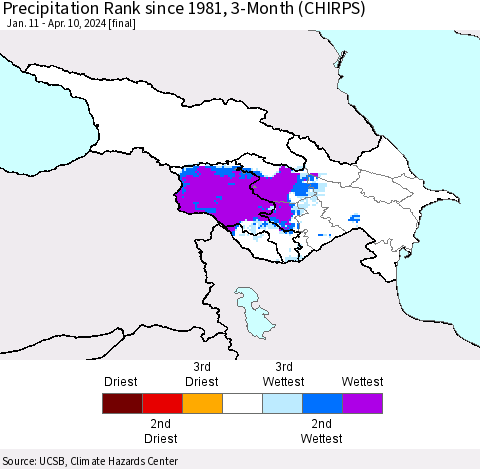 Azerbaijan, Armenia and Georgia Precipitation Rank since 1981, 3-Month (CHIRPS) Thematic Map For 1/11/2024 - 4/10/2024