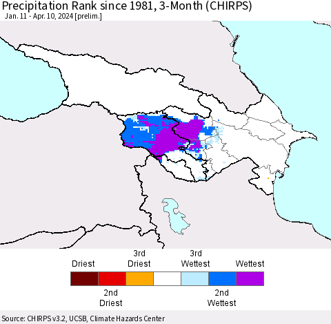 Azerbaijan, Armenia and Georgia Precipitation Rank since 1981, 3-Month (CHIRPS) Thematic Map For 1/11/2024 - 4/10/2024