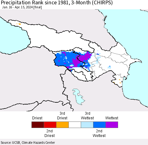 Azerbaijan, Armenia and Georgia Precipitation Rank since 1981, 3-Month (CHIRPS) Thematic Map For 1/16/2024 - 4/15/2024