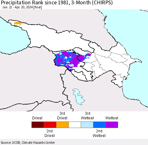 Azerbaijan, Armenia and Georgia Precipitation Rank since 1981, 3-Month (CHIRPS) Thematic Map For 1/21/2024 - 4/20/2024