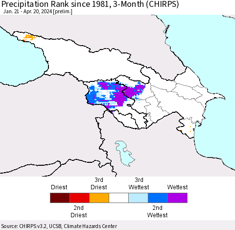 Azerbaijan, Armenia and Georgia Precipitation Rank since 1981, 3-Month (CHIRPS) Thematic Map For 1/21/2024 - 4/20/2024
