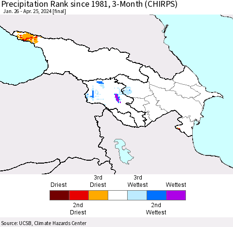 Azerbaijan, Armenia and Georgia Precipitation Rank since 1981, 3-Month (CHIRPS) Thematic Map For 1/26/2024 - 4/25/2024