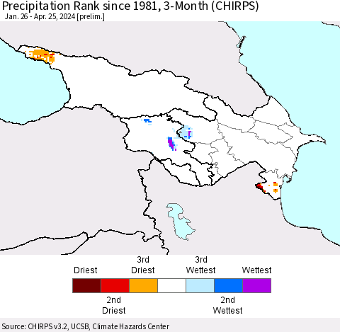 Azerbaijan, Armenia and Georgia Precipitation Rank since 1981, 3-Month (CHIRPS) Thematic Map For 1/26/2024 - 4/25/2024