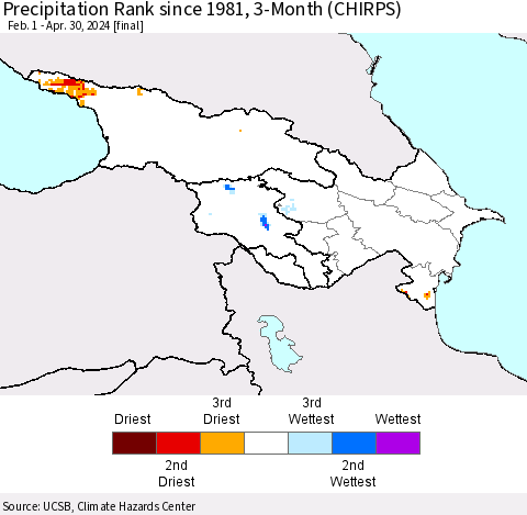 Azerbaijan, Armenia and Georgia Precipitation Rank since 1981, 3-Month (CHIRPS) Thematic Map For 2/1/2024 - 4/30/2024