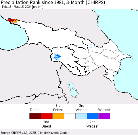Azerbaijan, Armenia and Georgia Precipitation Rank since 1981, 3-Month (CHIRPS) Thematic Map For 2/16/2024 - 5/15/2024
