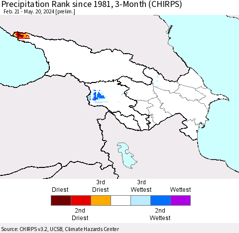 Azerbaijan, Armenia and Georgia Precipitation Rank since 1981, 3-Month (CHIRPS) Thematic Map For 2/21/2024 - 5/20/2024