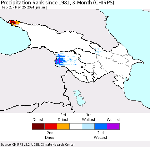 Azerbaijan, Armenia and Georgia Precipitation Rank since 1981, 3-Month (CHIRPS) Thematic Map For 2/26/2024 - 5/25/2024