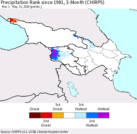 Azerbaijan, Armenia and Georgia Precipitation Rank since 1981, 3-Month (CHIRPS) Thematic Map For 3/1/2024 - 5/31/2024