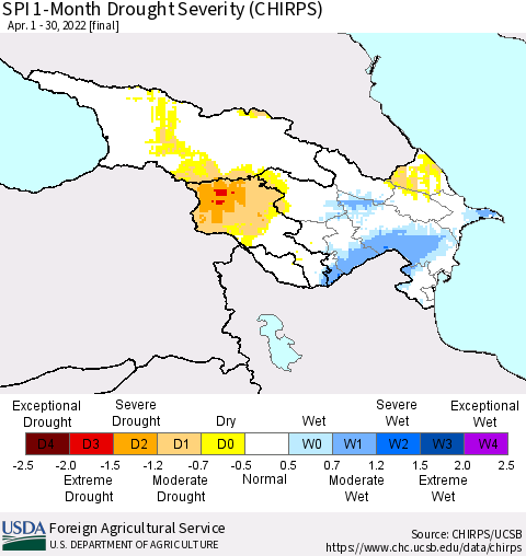 Azerbaijan, Armenia and Georgia SPI 1-Month Drought Severity (CHIRPS) Thematic Map For 4/1/2022 - 4/30/2022