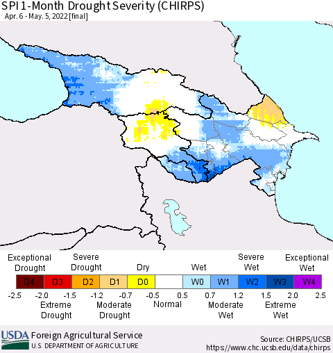 Azerbaijan, Armenia and Georgia SPI 1-Month Drought Severity (CHIRPS) Thematic Map For 4/6/2022 - 5/5/2022