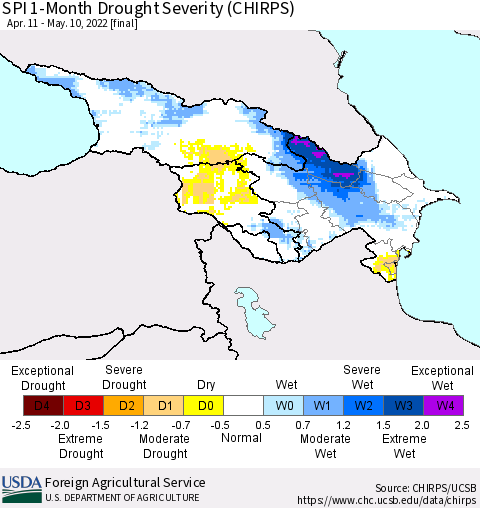 Azerbaijan, Armenia and Georgia SPI 1-Month Drought Severity (CHIRPS) Thematic Map For 4/11/2022 - 5/10/2022